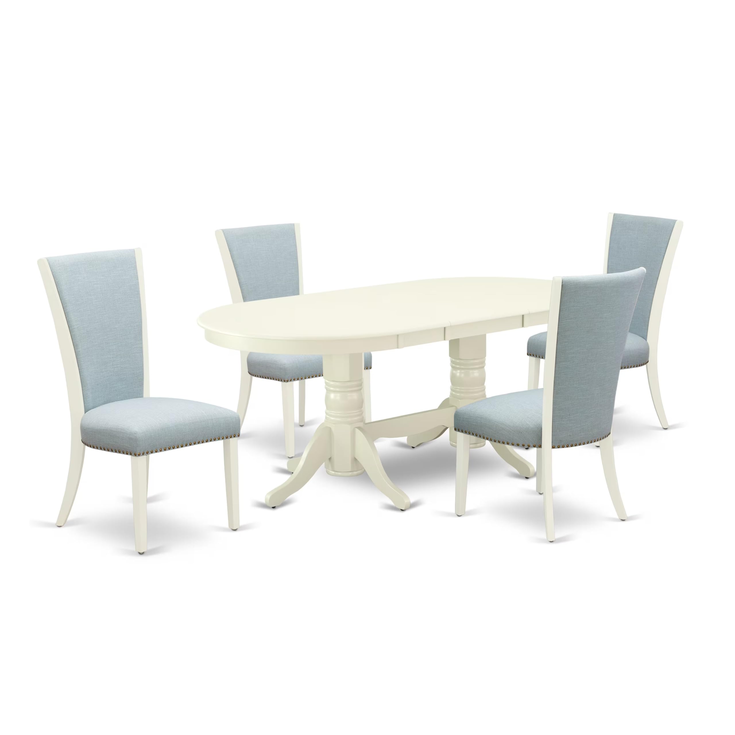 East West Furniture Vave5-Lwh-15 5 Piece Dining Table Set For 4 Includes An Oval Kitchen Table With Butterfly Leaf And 4 Baby Blue Linen Fabric Upholstered Chairs, 40X76 Inch, Linen White