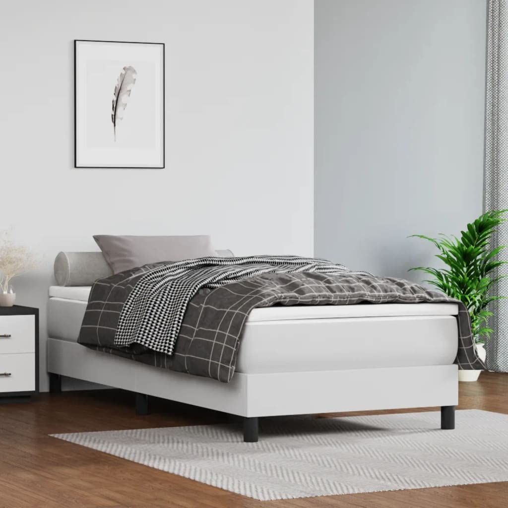 vidaXL Twin Box Spring Bed Frame - Faux Leather, White, 39.4&quot;x74.8&quot; Modern Aesthetic, Durable Material, Easy Assembly