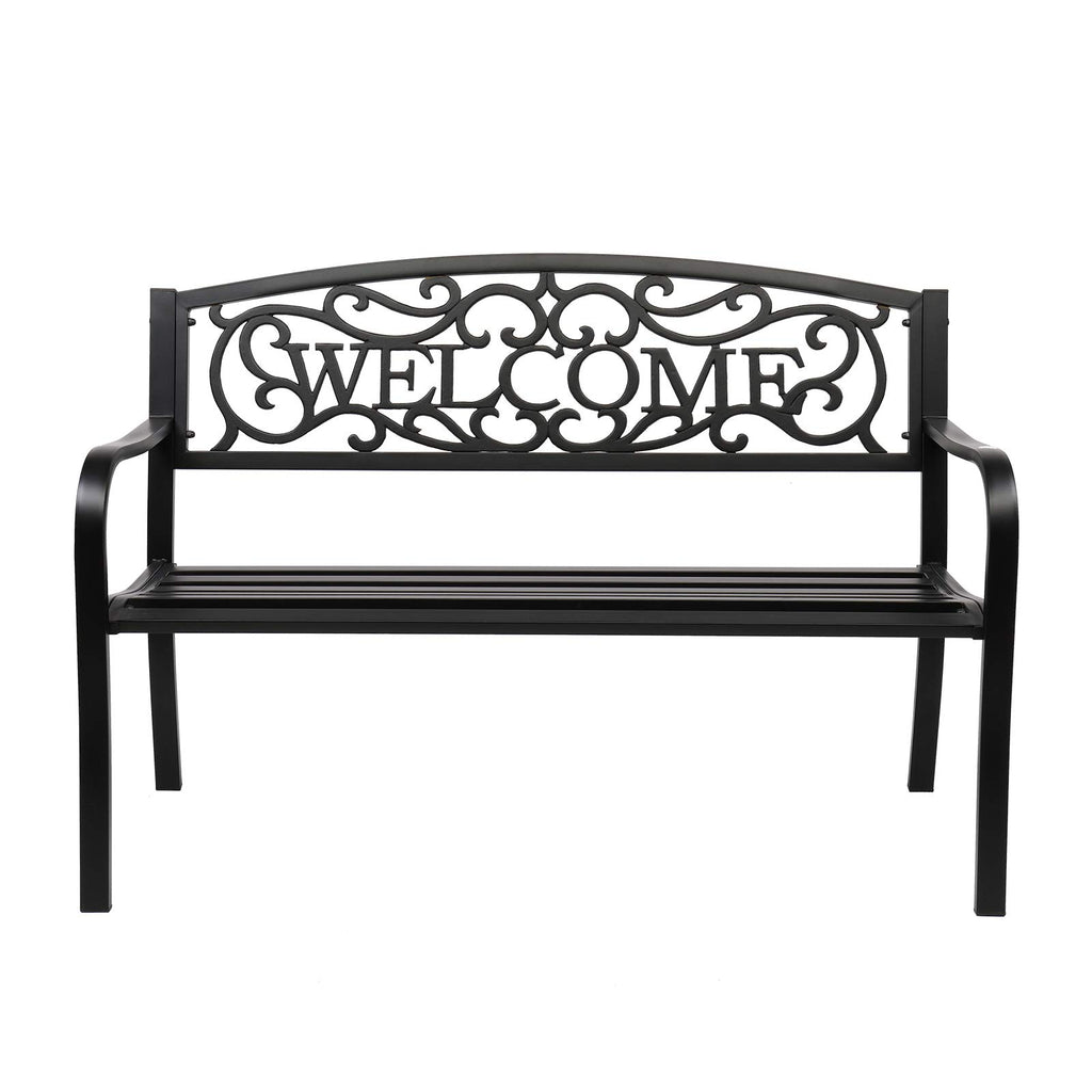 Vingli Outdoor Metal Garden Bench With Pvc Back Pattern, Black Steel Welcome Bench For Patio, Porch, Deck, Yard, Lawn Decor Entryway