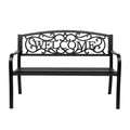 Vingli Outdoor Metal Garden Bench With Pvc Back Pattern, Black Steel Welcome Bench For Patio, Porch, Deck, Yard, Lawn Decor Entryway