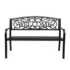 Vingli Outdoor Metal Garden Bench With Pvc Back Pattern, Black Steel Welcome Bench For Patio, Porch, Deck, Yard, Lawn Decor Entryway