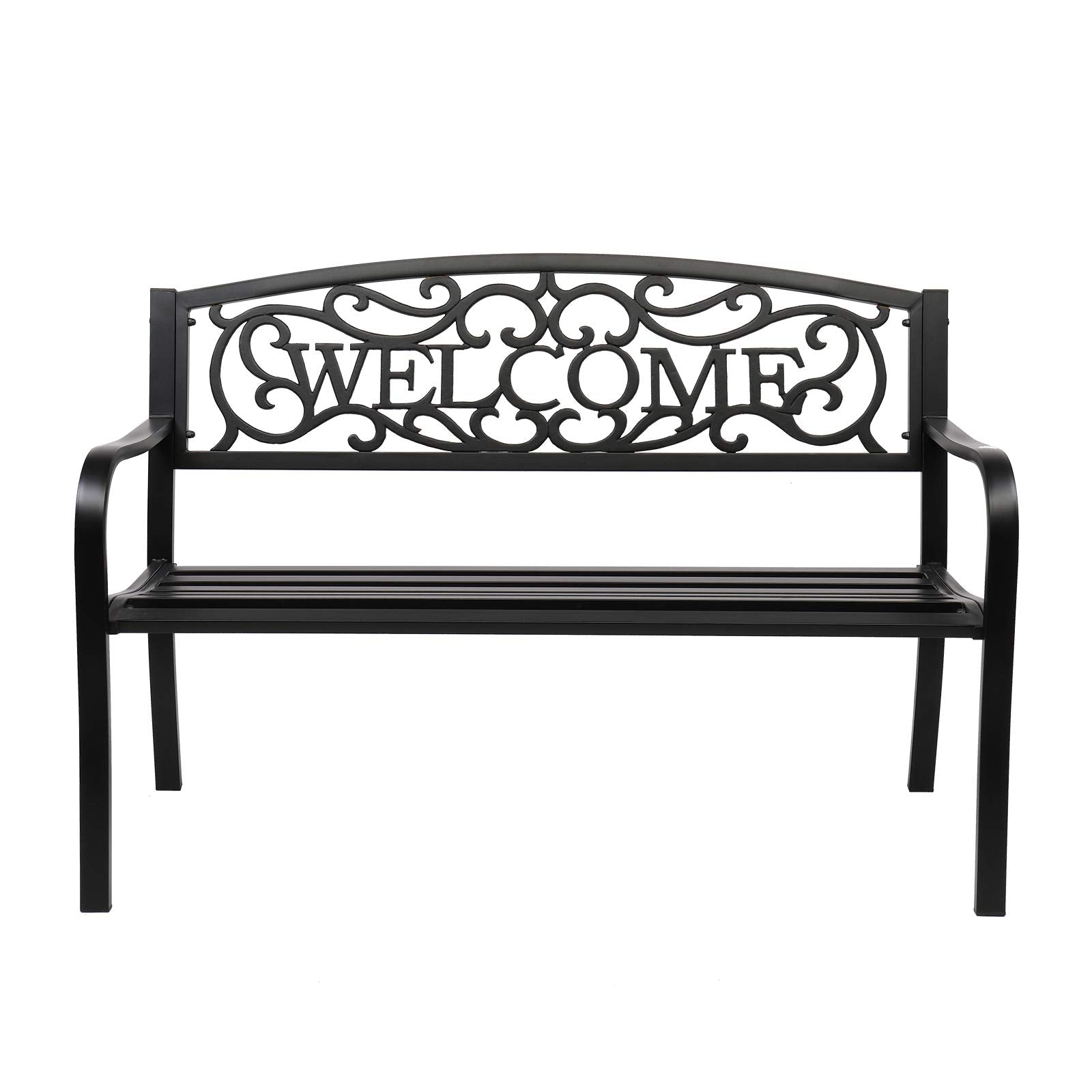 Vingli Outdoor Metal Garden Bench With Pvc Back Pattern, Black Steel Welcome Bench For Patio, Porch, Deck, Yard, Lawn Decor Entryway