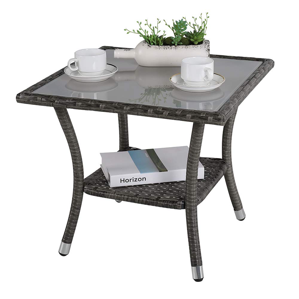 Verano Garden Outdoor Side Table, 20'' Square Wicker End Table, Tempered Glass Top Coffee Table With Storage, Aluminum Frame-Gra
