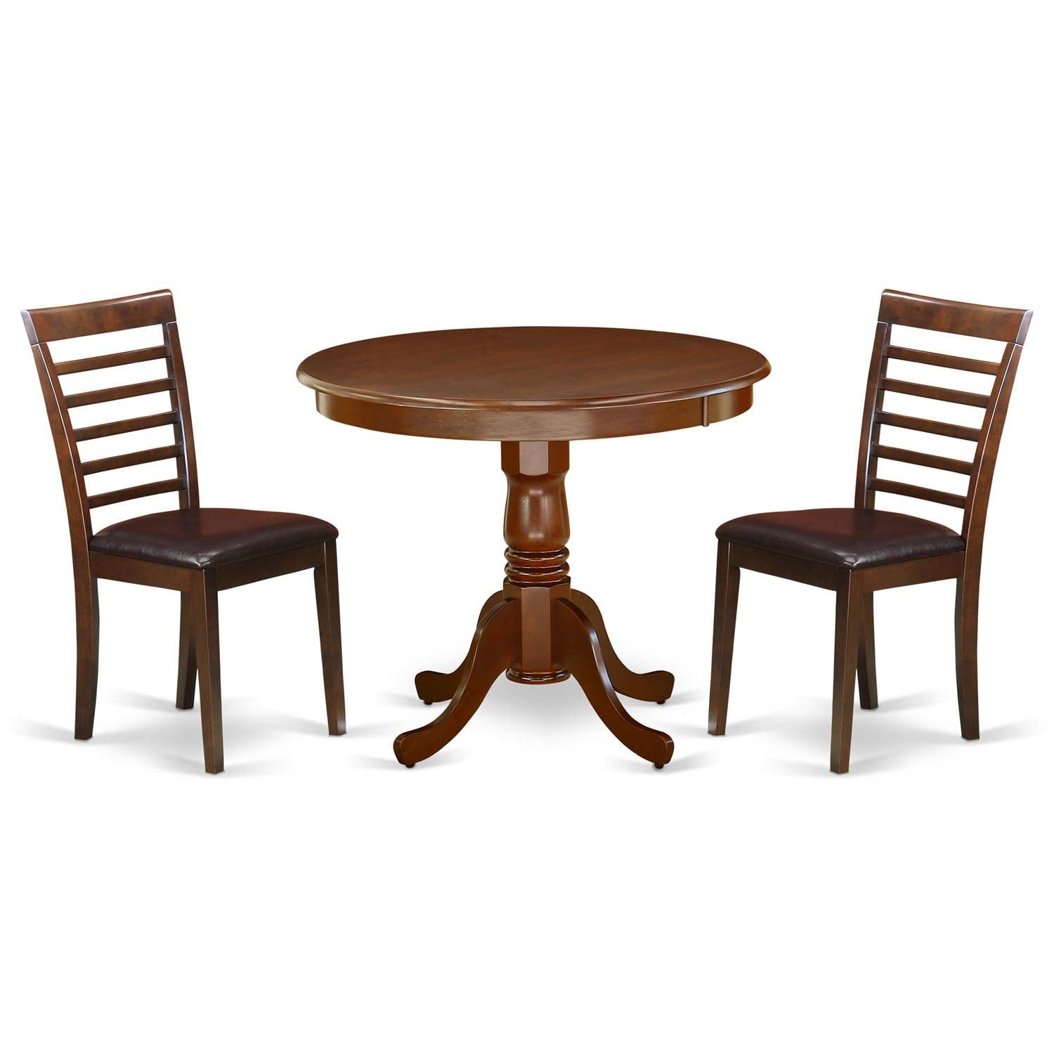 East West Furniture Anml3-Mah-Lc 3 Piece Dining Table Set For Small Spaces Contains A Round Kitchen Table With Pedestal And 2 Faux Leather Kitchen Dining Chairs, 36X36 Inch, Mahogany