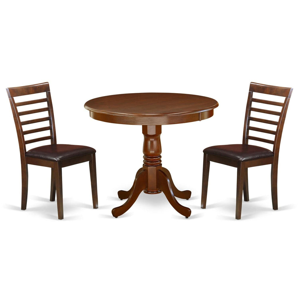 East West Furniture Anml3-Mah-Lc 3 Piece Dining Table Set For Small Spaces Contains A Round Kitchen Table With Pedestal And 2 Faux Leather Kitchen Dining Chairs, 36X36 Inch, Mahogany