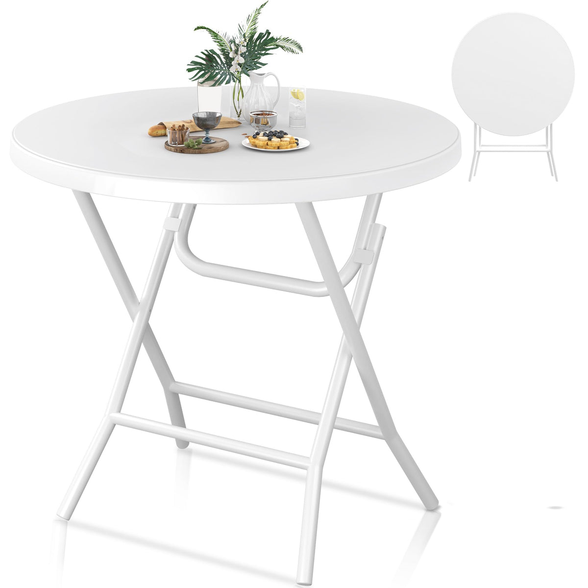 Yitahome Portable Round Folding Table, 32 Inch Round Table With 1.57' Thick Hdpe Tabletop And Strong Metal Frame For Patio, Backyard, Dining Room, Parties And Events, White