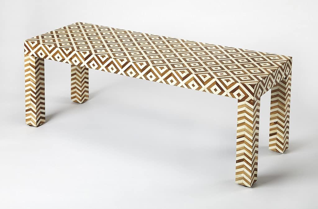 HomeRoots Light Brown Merranti Wood Solids, Bone and Teak Wood Inlays Geo and Chevron Teak and Bone Inlay Bench