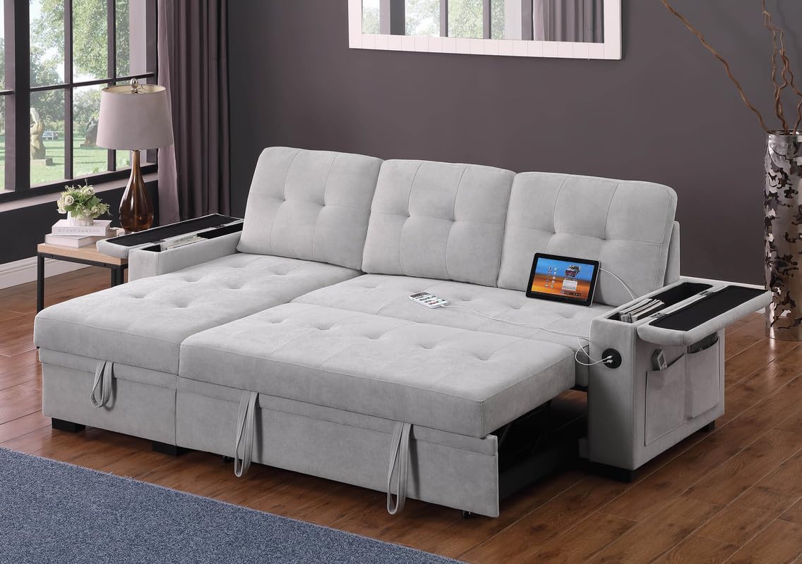 Lilola Home Ashlyn II 84&quot; W Gray Woven Fabric Reversible Sleeper Sectional Sofa with Storage Chaise, Storage Arm, Cup Holder, Charging Ports, Side Pockets, and Pocket Coil Seating