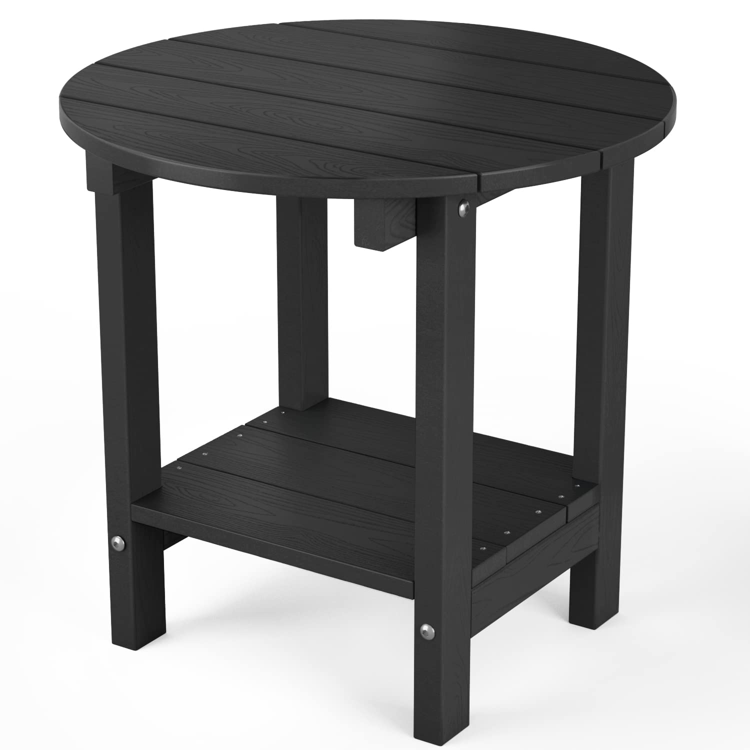 Mximu Round Outdoor Side Table Adirondack Tables 18 Inch Chairside End Tables With Storage Shelf, 2-Tier Plastic Patio Side Table For Balcony Backyard Lawn (Black, 1 Pack)