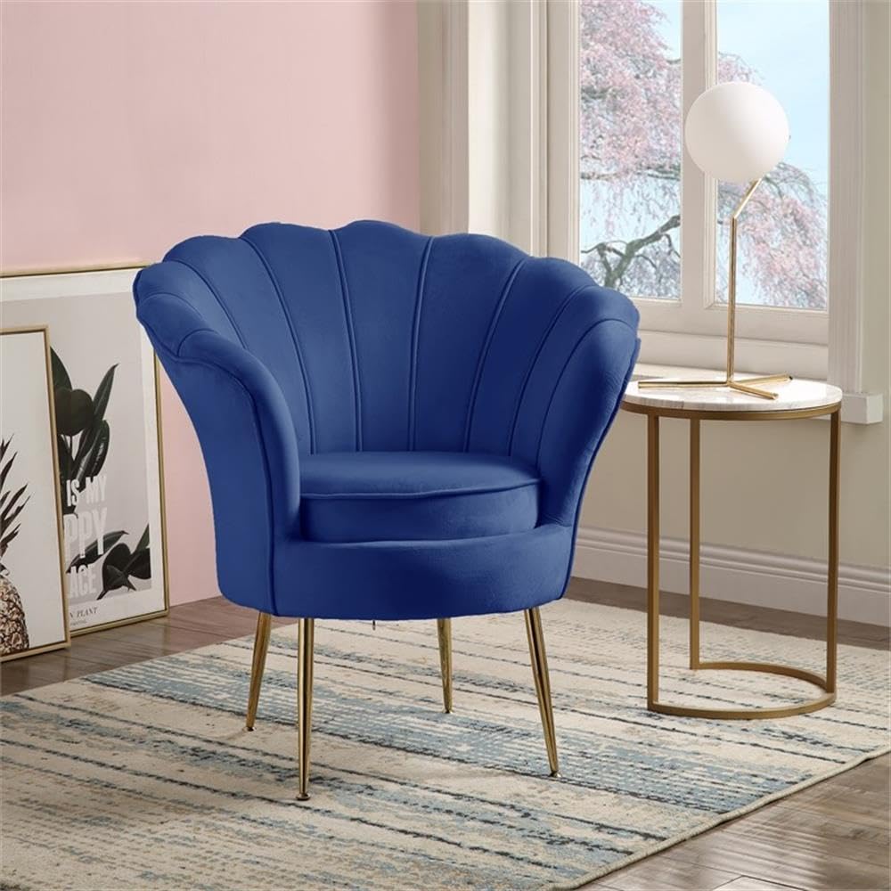 Lilola Home Angelina Blue Velvet Scalloped Back Barrel Accent Chair with Metal Legs