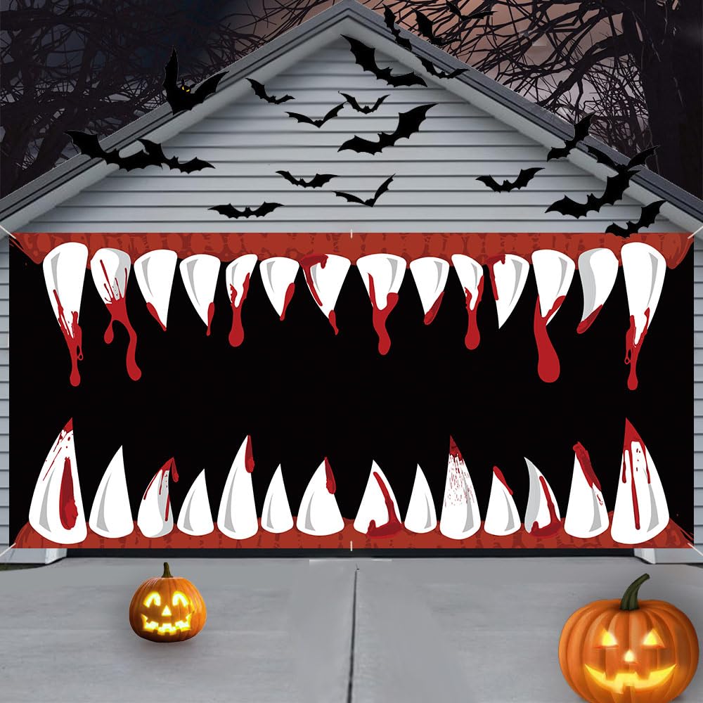 Aibiin 13X6Ft Halloween Garage Door Decorations Monster Halloween Door Cover Banner Tooth Backdrop Holiday Garage Door Banner Ha