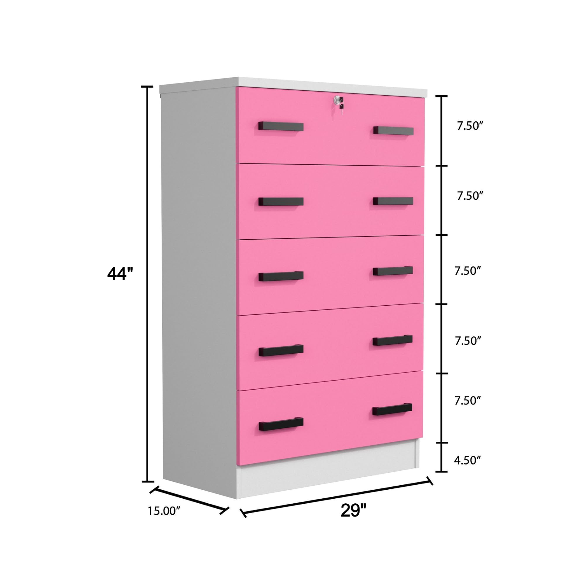 Cindy 5 Drawer Chest Wooden Dresser with Lock (White and Pink)