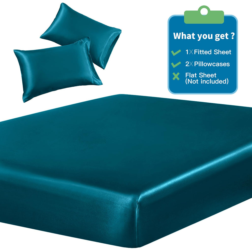 Siinvdabzx 3-Piece Set Satin King Fitted Sheet & 2 Pillowcase, Dark Teal Silky Soft Fitted Bottom Sheet, Wrinkle Free, Fade Resi
