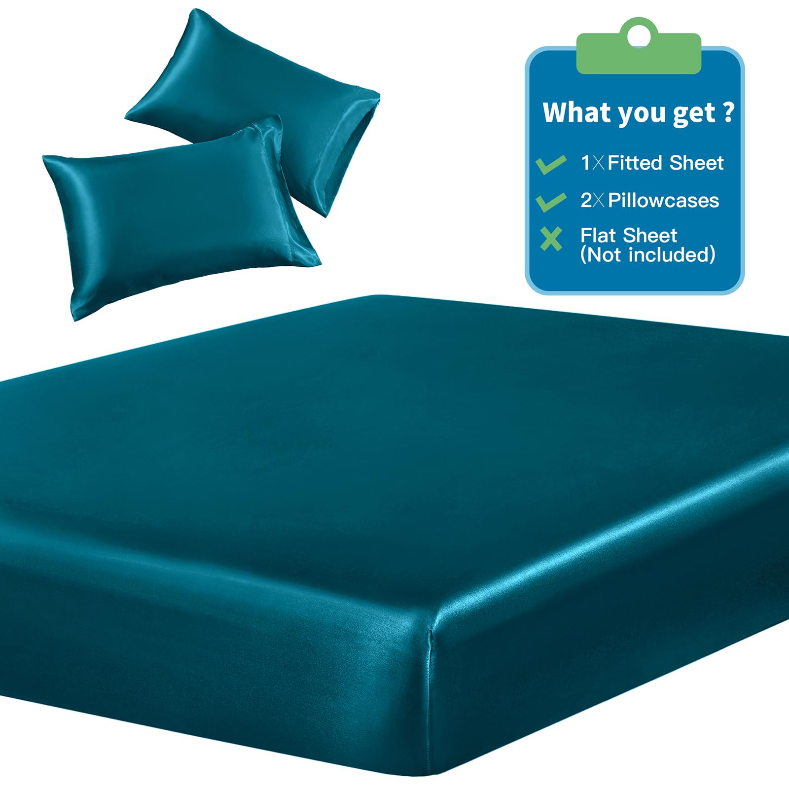 Siinvdabzx 3-Piece Set Satin King Fitted Sheet & 2 Pillowcase, Dark Teal Silky Soft Fitted Bottom Sheet, Wrinkle Free, Fade Resi