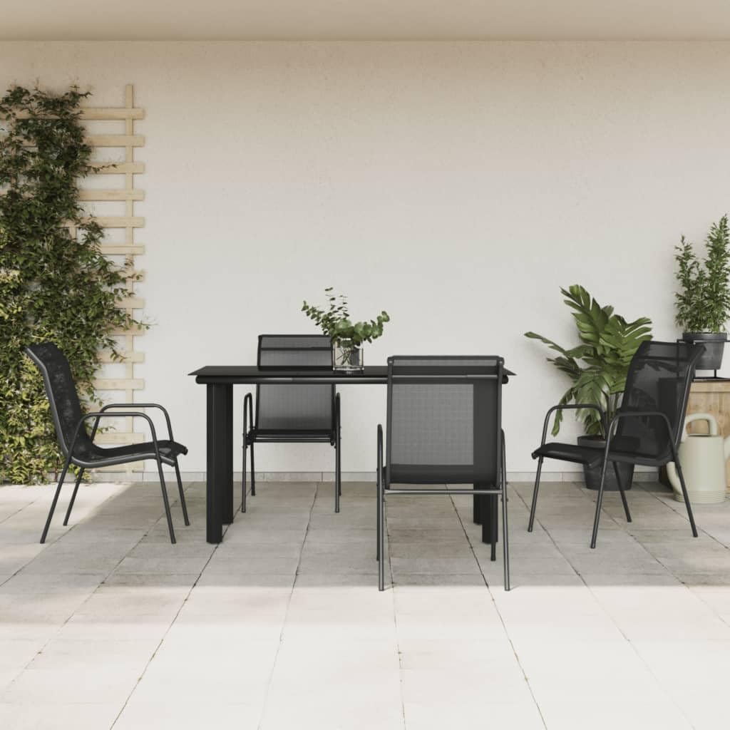 vidaXL 5-Piece Patio Dining Set in Black - Steel and Textilene, Outdoor Furniture for Garden, Deck or Patio with Glass Tabletop and Comfortable Chairs