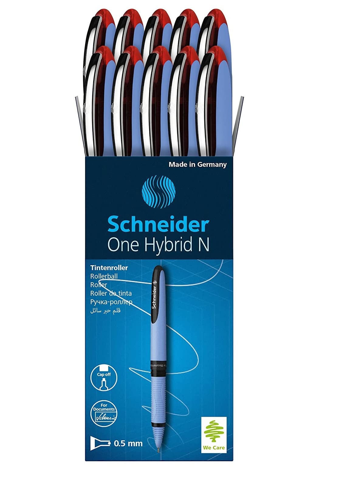 Schneider One Hybrid N Rollerball Pen, 0.5 Mm Hybrid Needle Tip, Light Blue Barrel, Red Ink, Box Of 10 Pens (183502)