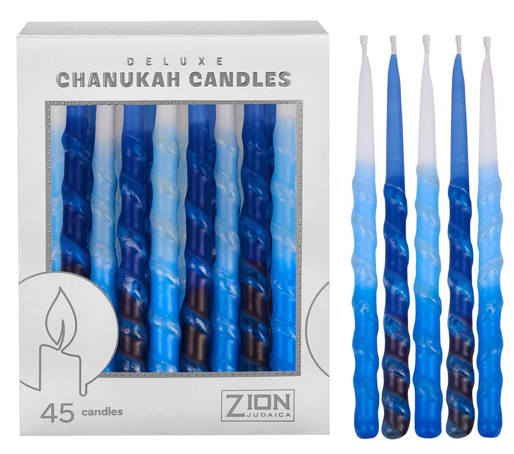 Zion Judaica Ltd Set of 45 Dripless Hanukkah Candles Spiral Candle Includes a DIY Dreidel, Prayer Card, Standard Size Menorah Ca
