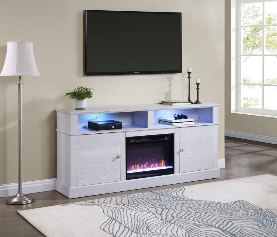 Lilola Living Lucifer 70&quot; White Walnut Finish Tv Stand Console With Fireplace