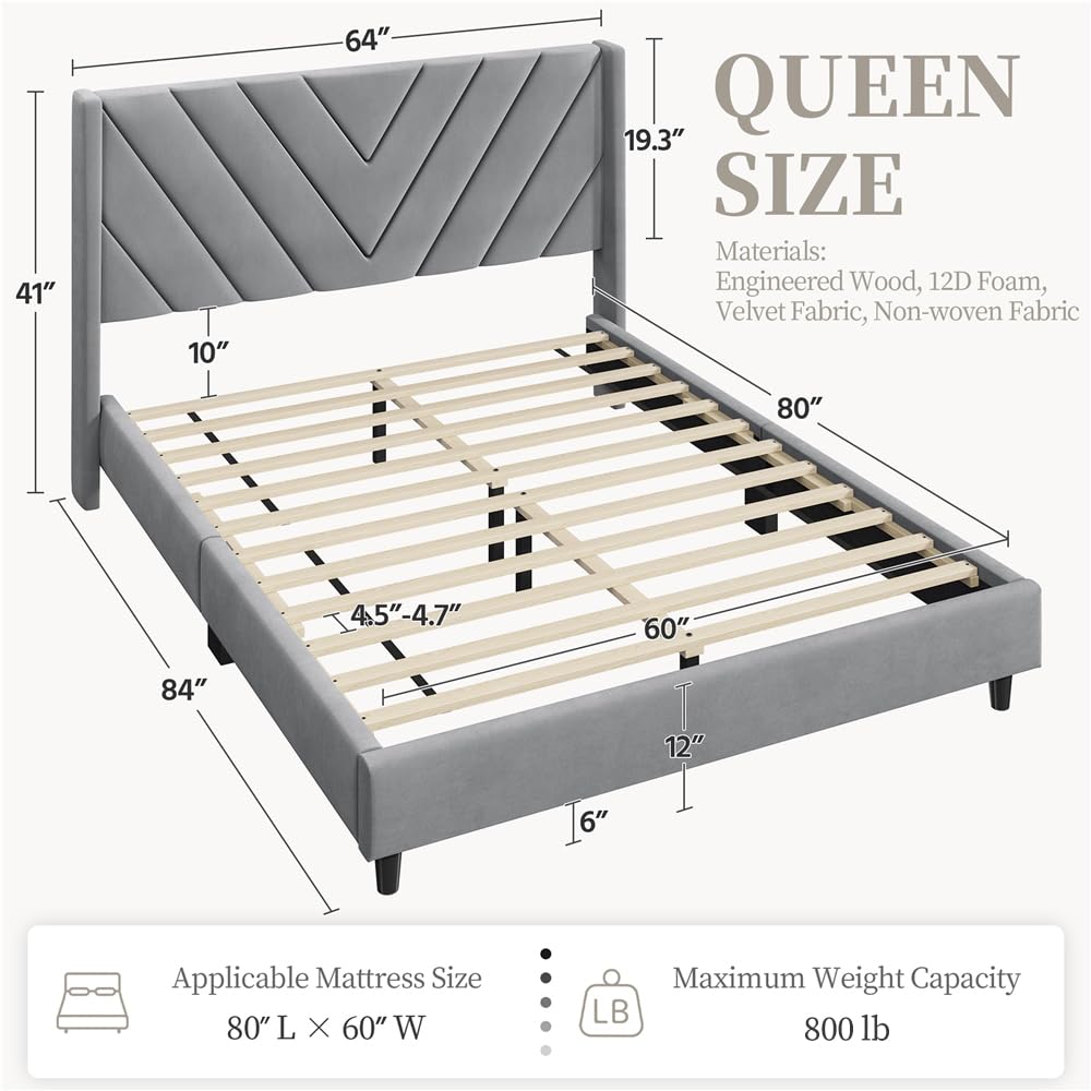 Yaheetech Queen Bed Frame Upholstered Platform Bed With Wing Side/Wooden Slat Support/Tufted Headboard With Wing Side/Mattress Foundation/No Box Spring Needed,Light Gray Queen Bed