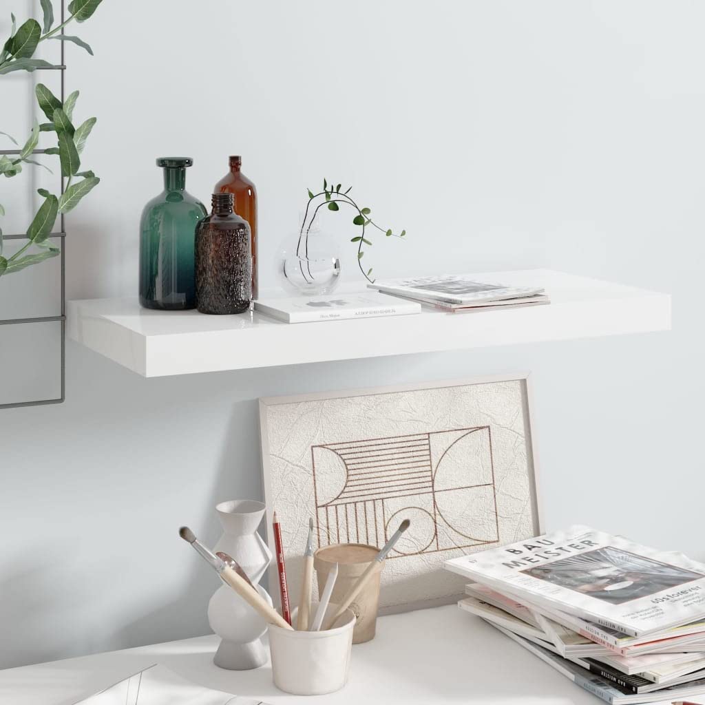 vidaXL High Gloss White Floating Wall Shelf, Made of Durable MDF and Metal, Invisible Mounting System, Ideal for Displaying Books and Collectibles