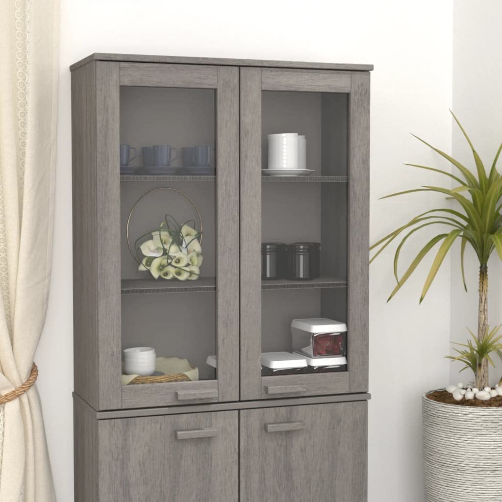 vidaXL Solid Pinewood Highboard Top, Light Gray Finish, Additional Shelves with Glass Door Cabinet, Dust-Free Display Storage, 33.5x13.8x39.4 Measurements
