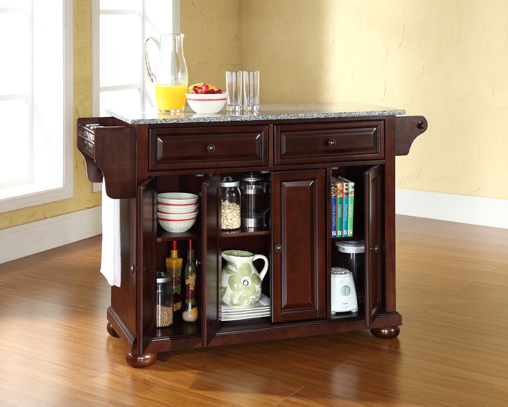 Crosley Furniture Alexandria Granite Top Rolling Kitchen Island Storage Cart, Microwave Stand, Spice Rack, Mahogany