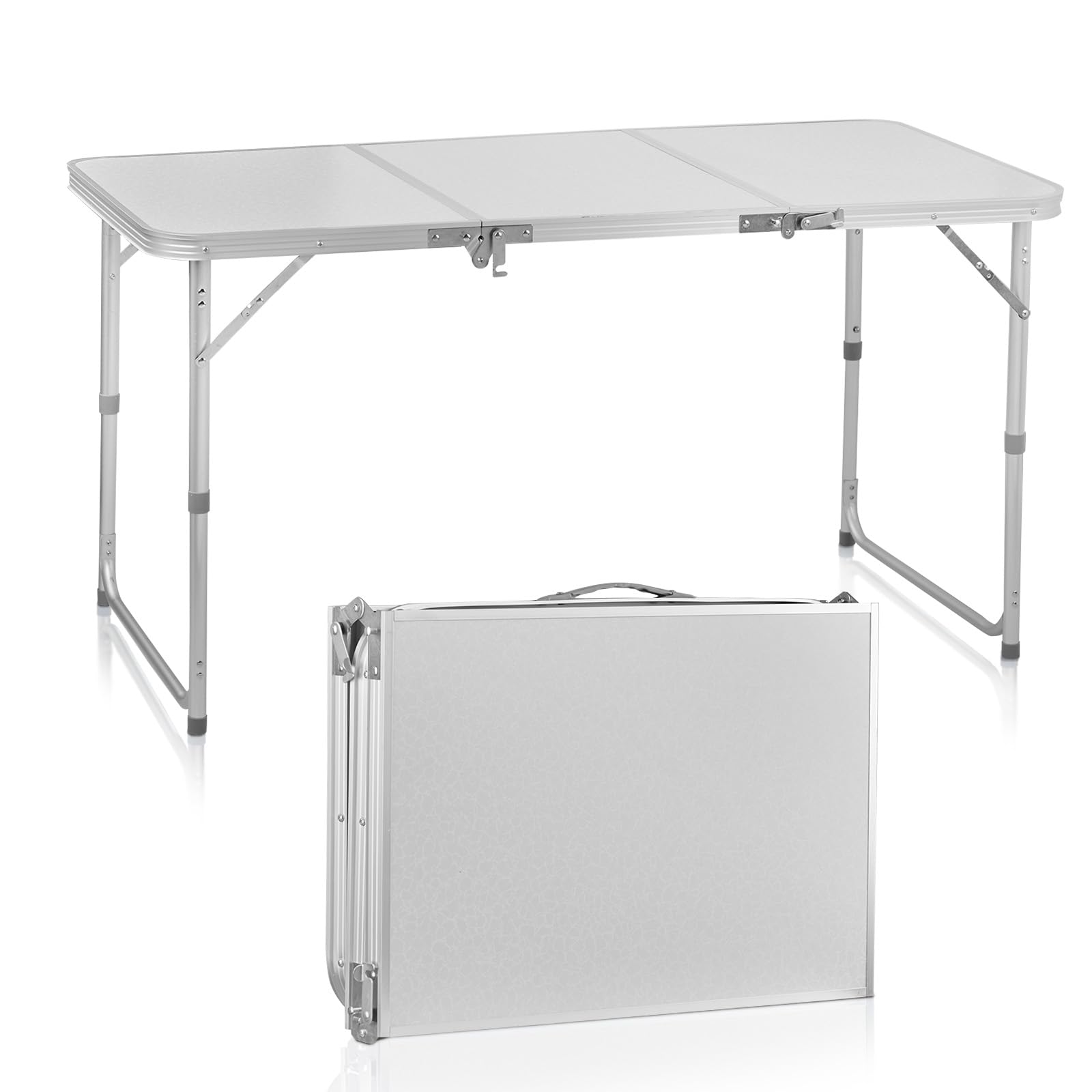 VINGLI White Folding Table with Carrying Handle Height Adjustable Lightweight Portable for Indoor Outdoor Picnic,Camping,Hiking,