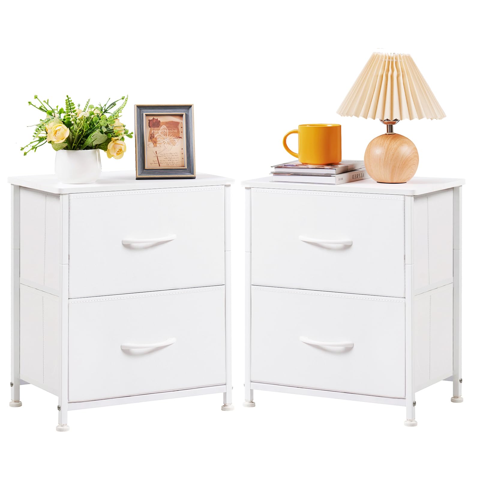 Somdot White Nightstand Set of 2, Small Dresser for Bedroom with 2 Drawers, Bedside Table Night Stand End Table with Fabric Bins