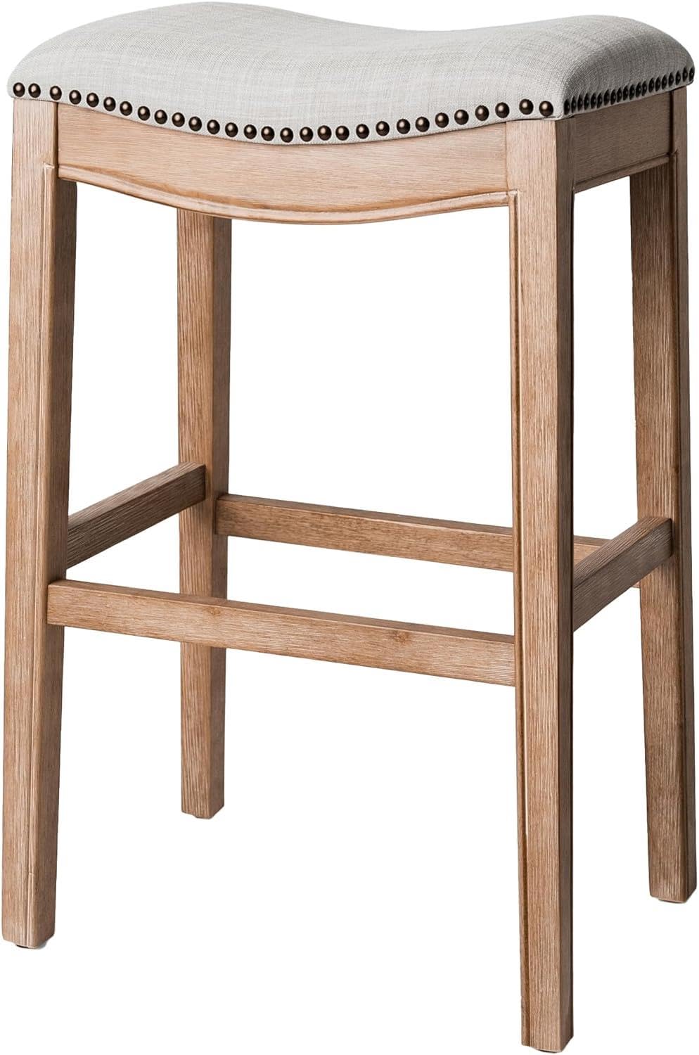 Maven Lane Adrien 31 Inch Bar Height Upholstered Backless Saddle Barstool In Weathered Oak Finish With Sand Color Fabric Cushion Seat