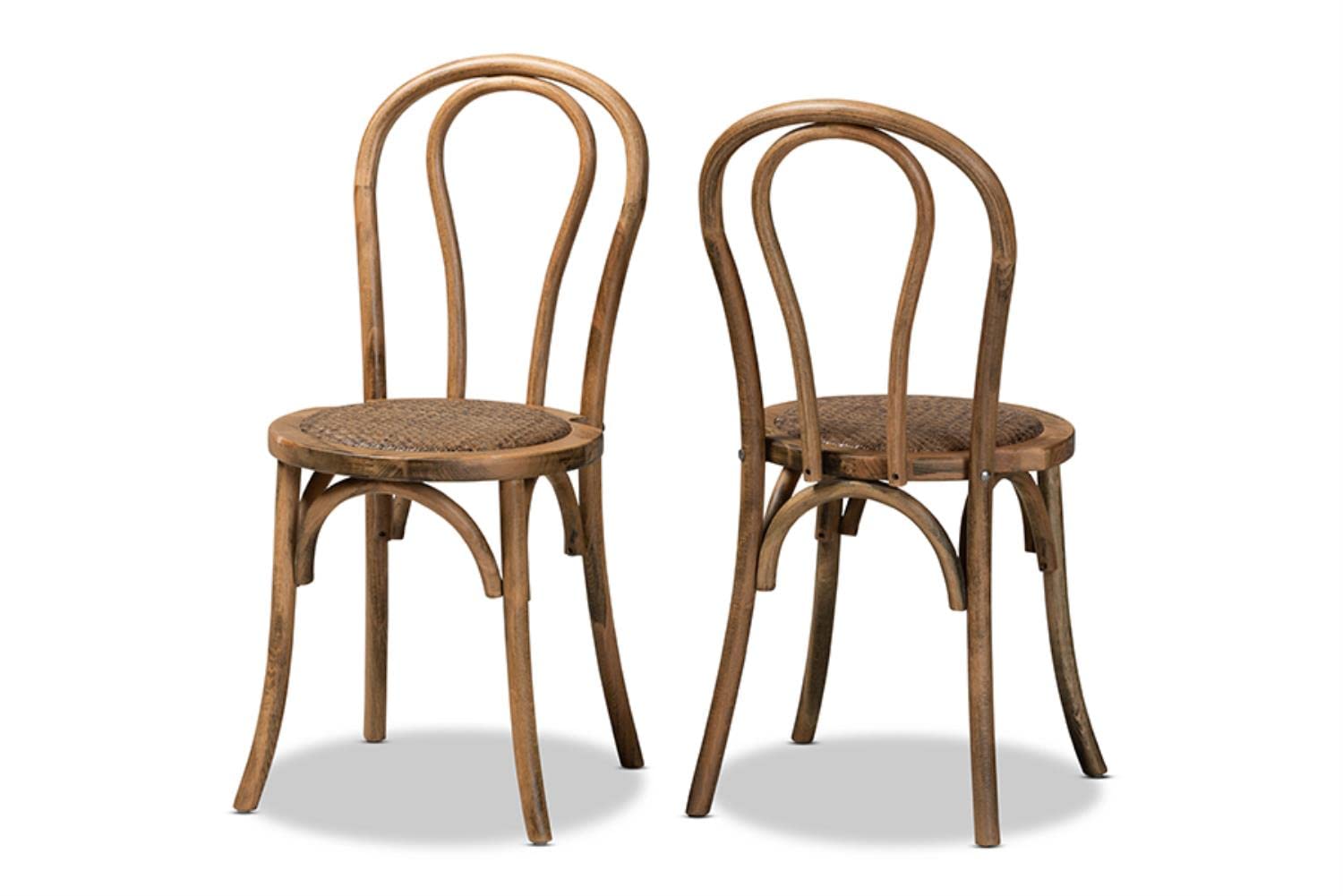 Baxton Studio Dacian Mid-Century Modern Brown Woven Rattan and Walnut Brown Wood 2-Piece Dining Chair Set