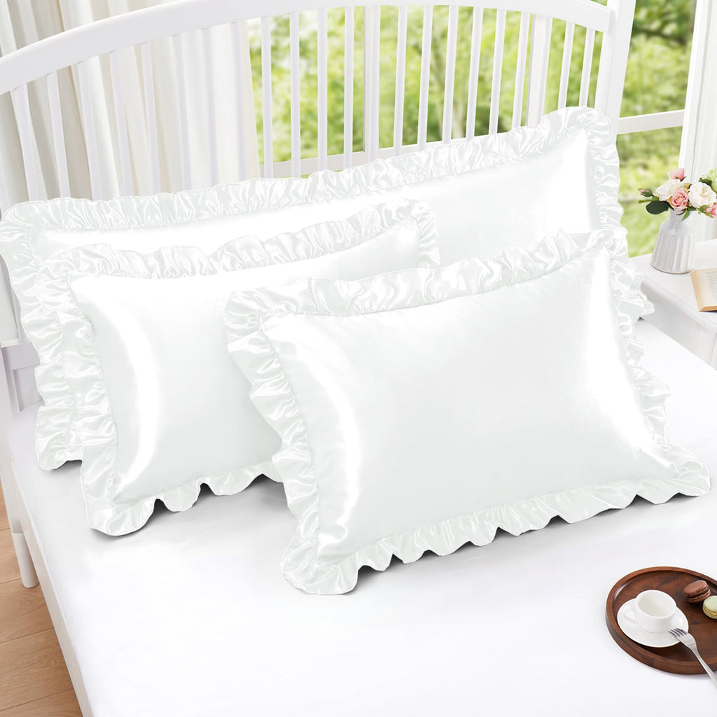 Homiest Ruffle Satin Pillowcase For Hair And Skin, King Size Satin Pillow Covers Silky Pillow Cases Set Of 2, Satin Ruffled Pill
