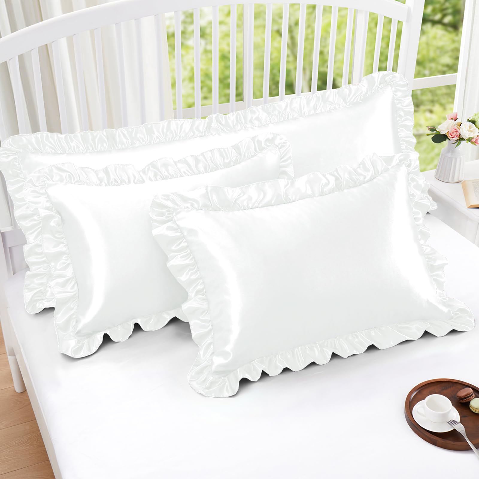 Homiest Ruffle Satin Pillowcase For Hair And Skin, King Size Satin Pillow Covers Silky Pillow Cases Set Of 2, Satin Ruffled Pill