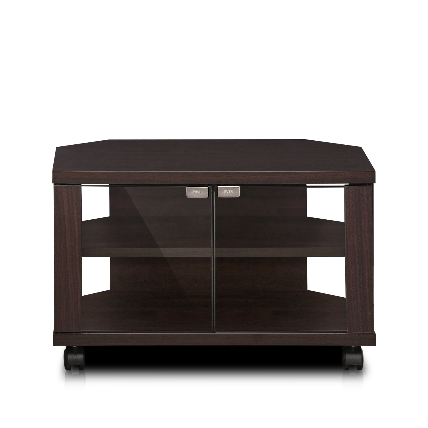 Furinno Indo 3-Tier Petite TV Stand with Glass Doors and Casters, Espresso