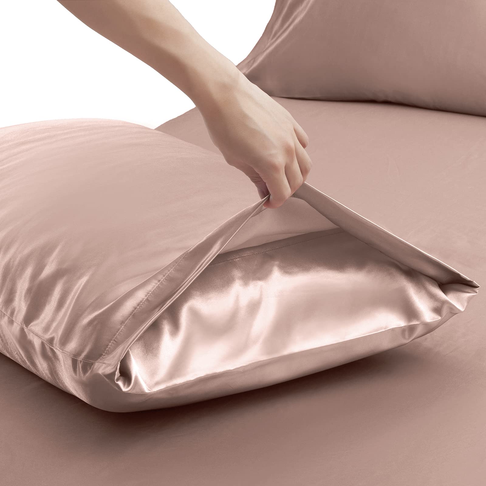 Ersmak 7 Pieces Satin Sheets Set California King Size, Luxury Silky Champagne Satin Bed Sheets Set With 1 Deep Pocket Fitted She