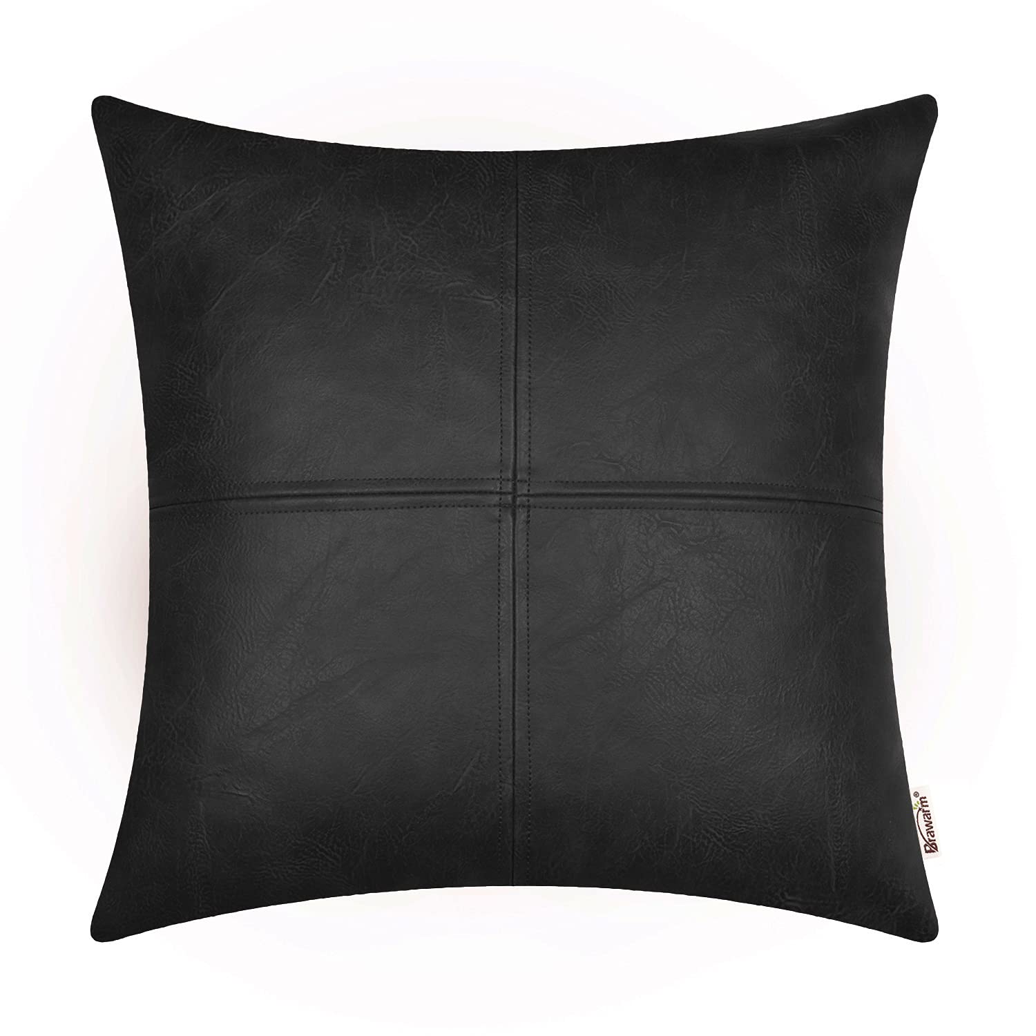 Brawarm Faux Leather Throw Pillow Covers 16 X 16 Inches, Black Leather Pillow Cover, Hand Stitched Leather Decorative Pillow Cov