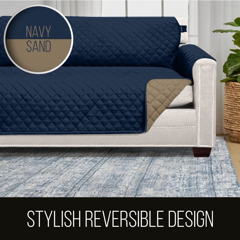 Sofa Shield Patented Couch Slip Cover, Large Cushion Protector, Reversible Stain And Dog Tear Resistant Slipcover, Quilted Microfiber 62” Seat, Washable Covers For Dogs Pets Kids, Navy Sand