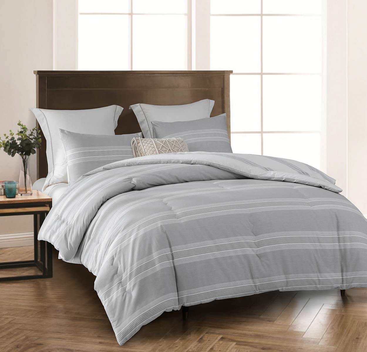 SLEEPBELLA Queen Comforter Set, 600 Thread Count Cotton, Reversible Light Gray & White Stripes, Down Alternative Bedding, 3 Pieces
