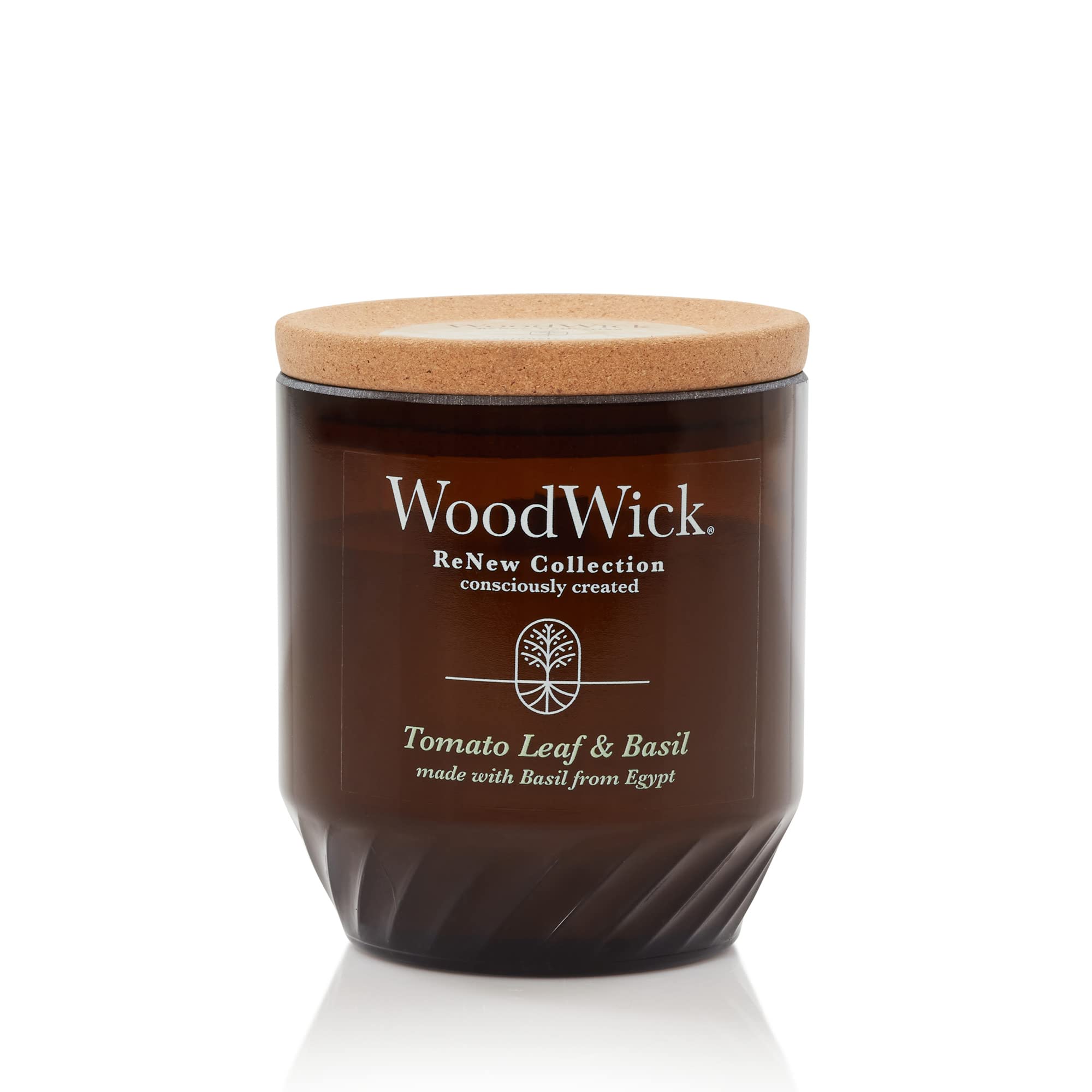WoodWick Renew Medium Candle, Tomato Leaf & Basil Scented Candles, 6oz, Plant Based Soy Wax Blend, Made with Upcycled Materials 