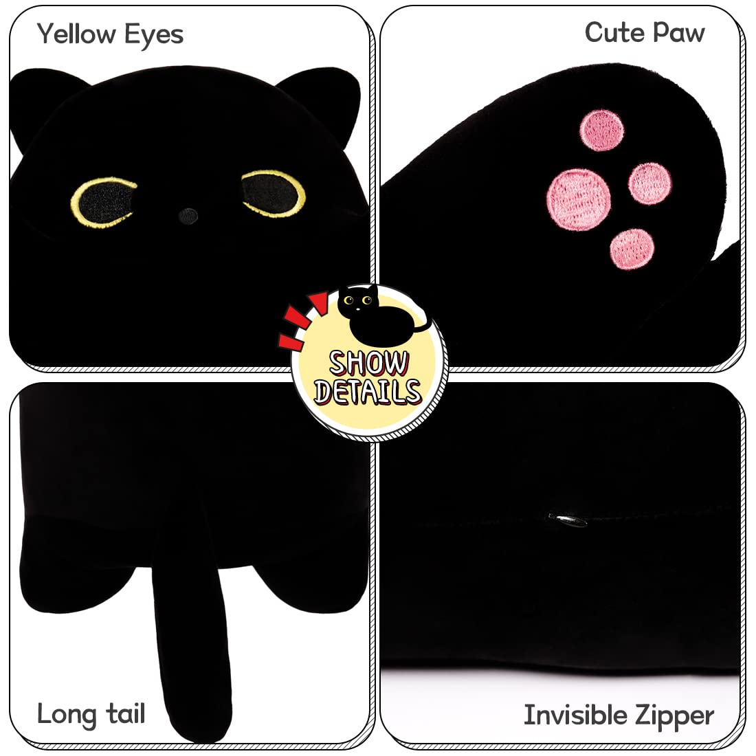 Long Cat Plush Cute Black Cat Stuffed Animals 43Inch Soft Plushies Body Pillow Kitten Plush Throw Pillow Kawaii Big Plush Doll T