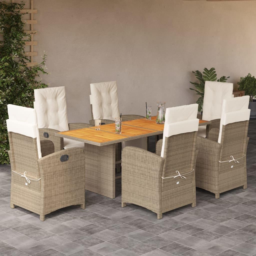 vidaXL Beige Poly Rattan 7-Piece Patio Dining Set with Adjustable Recliners, Acacia Tabletop, and Washable Cushions - Contemporary Outdoor Furniture, 3212508