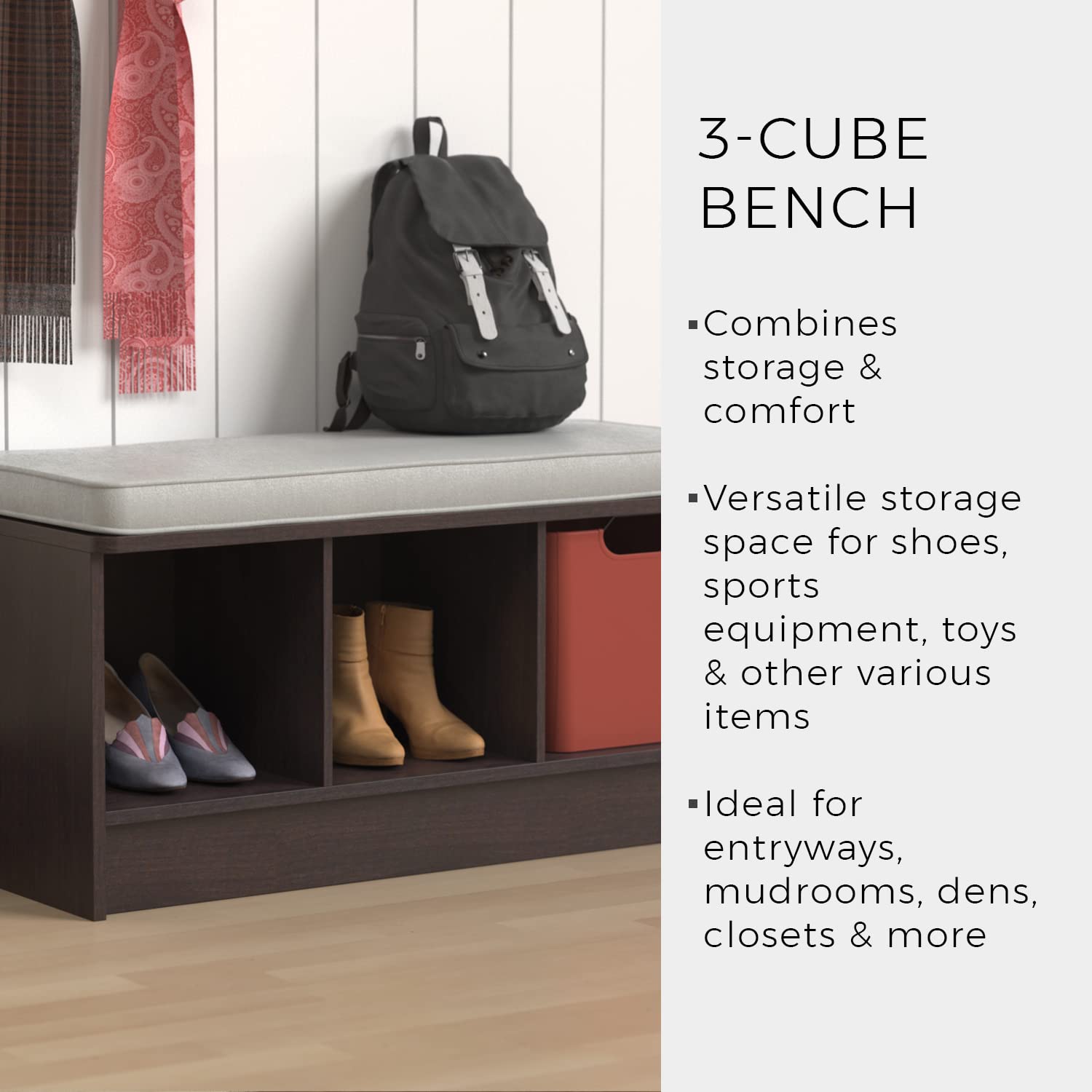 Closetmaid 1633 Cubeicals 3-Cube Storage Bench, Dark Cherry With Gray Cushion