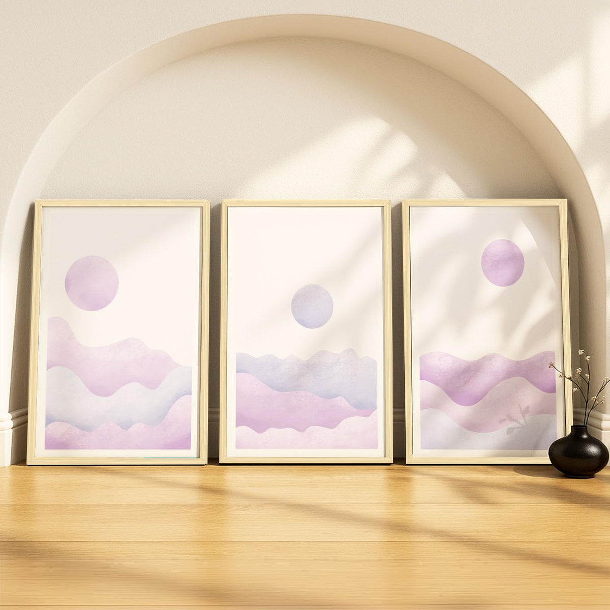 SoulAbiti Lavender Dreamscape set of 3 Framed Wall Print 12x18 inch Light Brown Frame PlexiGlass Abstract Art ready to hang for