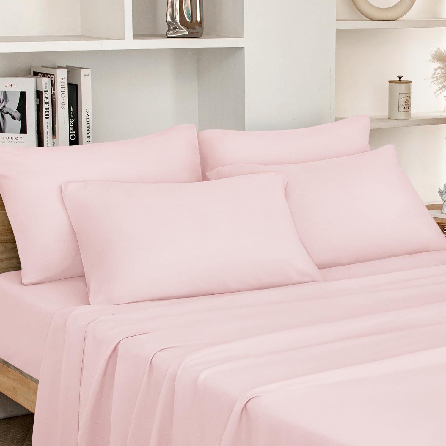Homeideas Queen Size Bed Sheets - 6 Piece Set (Pale Pink) - Extra Soft Brushed Microfiber 1800 Bedding Sheets, Deep Pocket, Wrin
