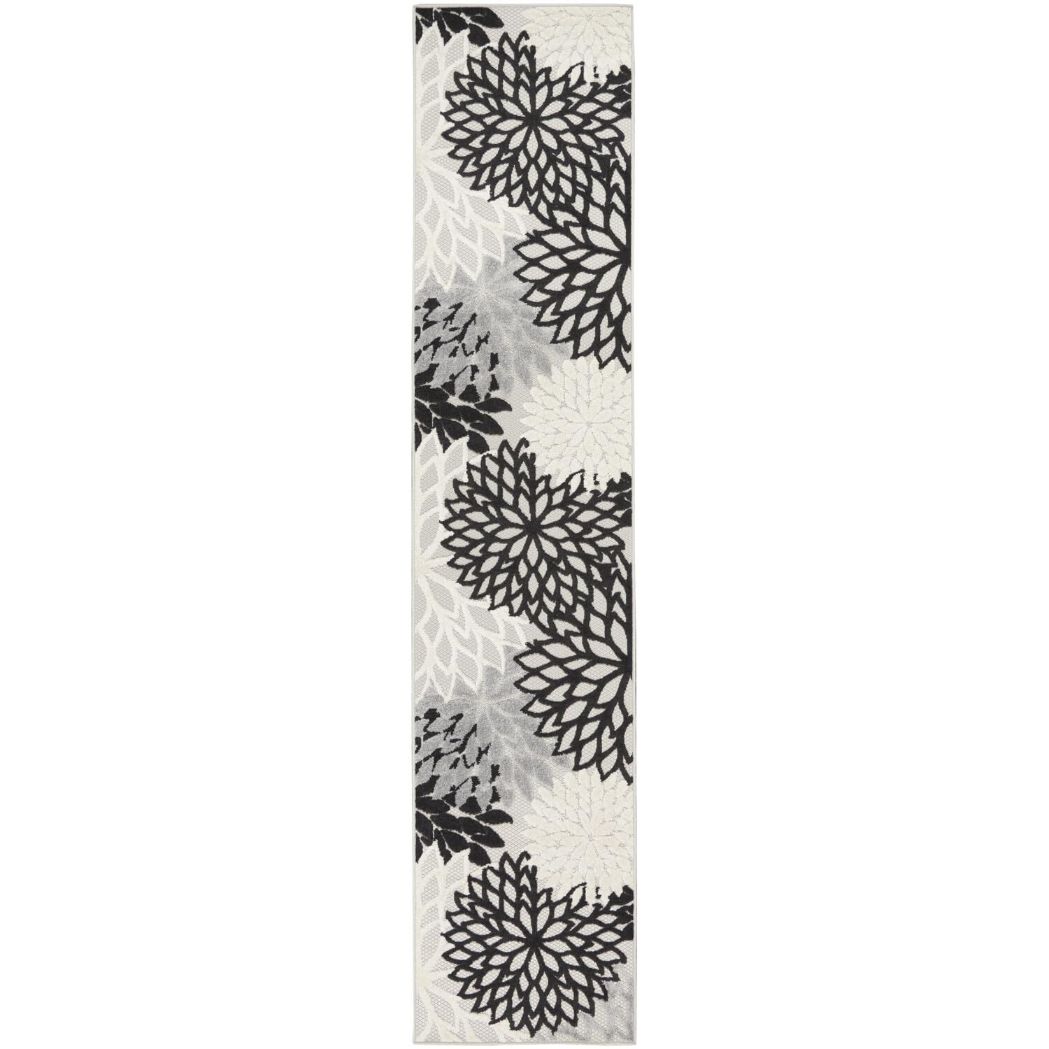 Nourison Aloha Indoor/Outdoor Black White 2'3' X 12' Area Rug, Tropical, Botanical, Easy Cleaning, Non Shedding, Bed Room, Livi