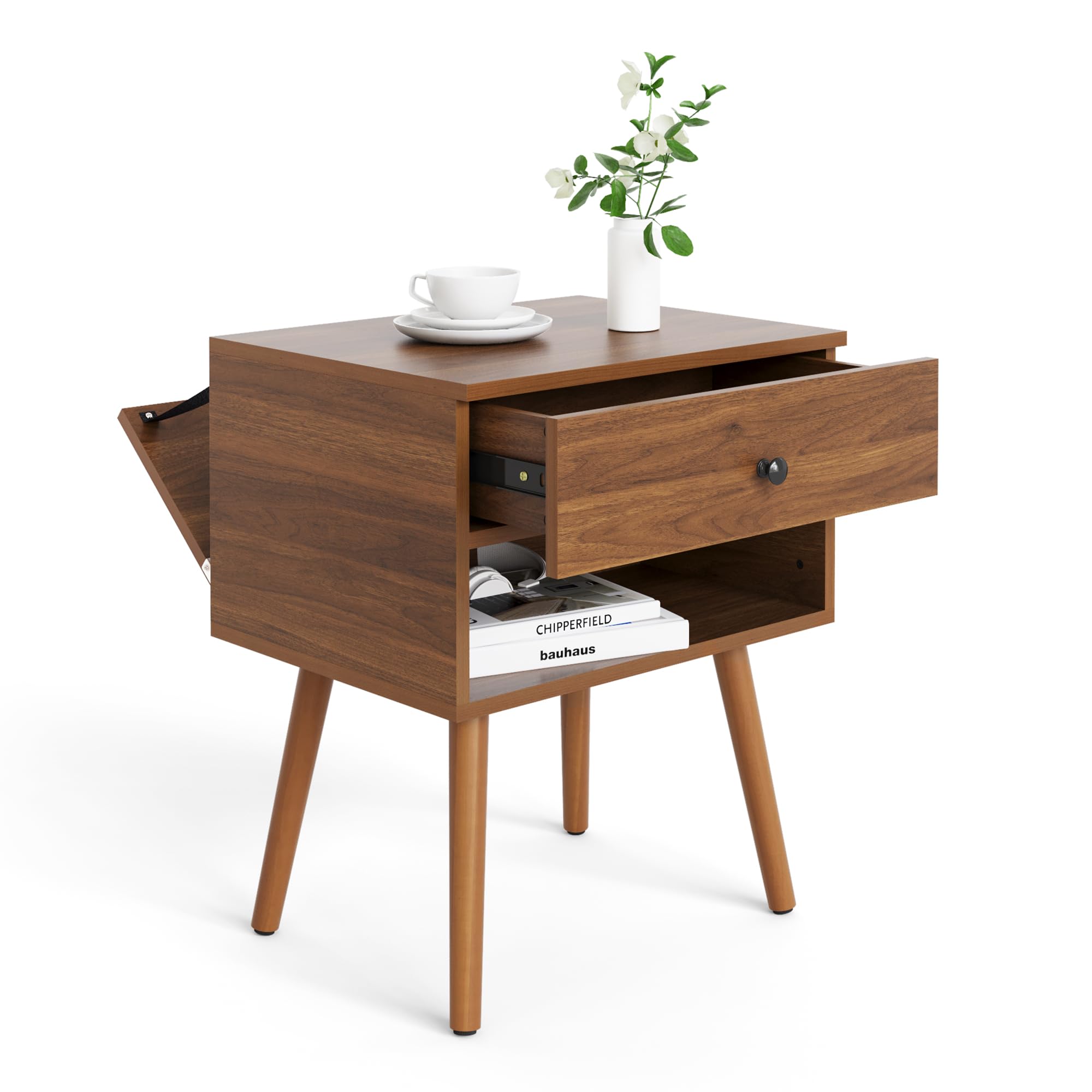 Mazefur Hidden Compartment Nightstands, Mid Century Modern Concealment Furniture, Bedside Table with Wood Legs, End Table with S