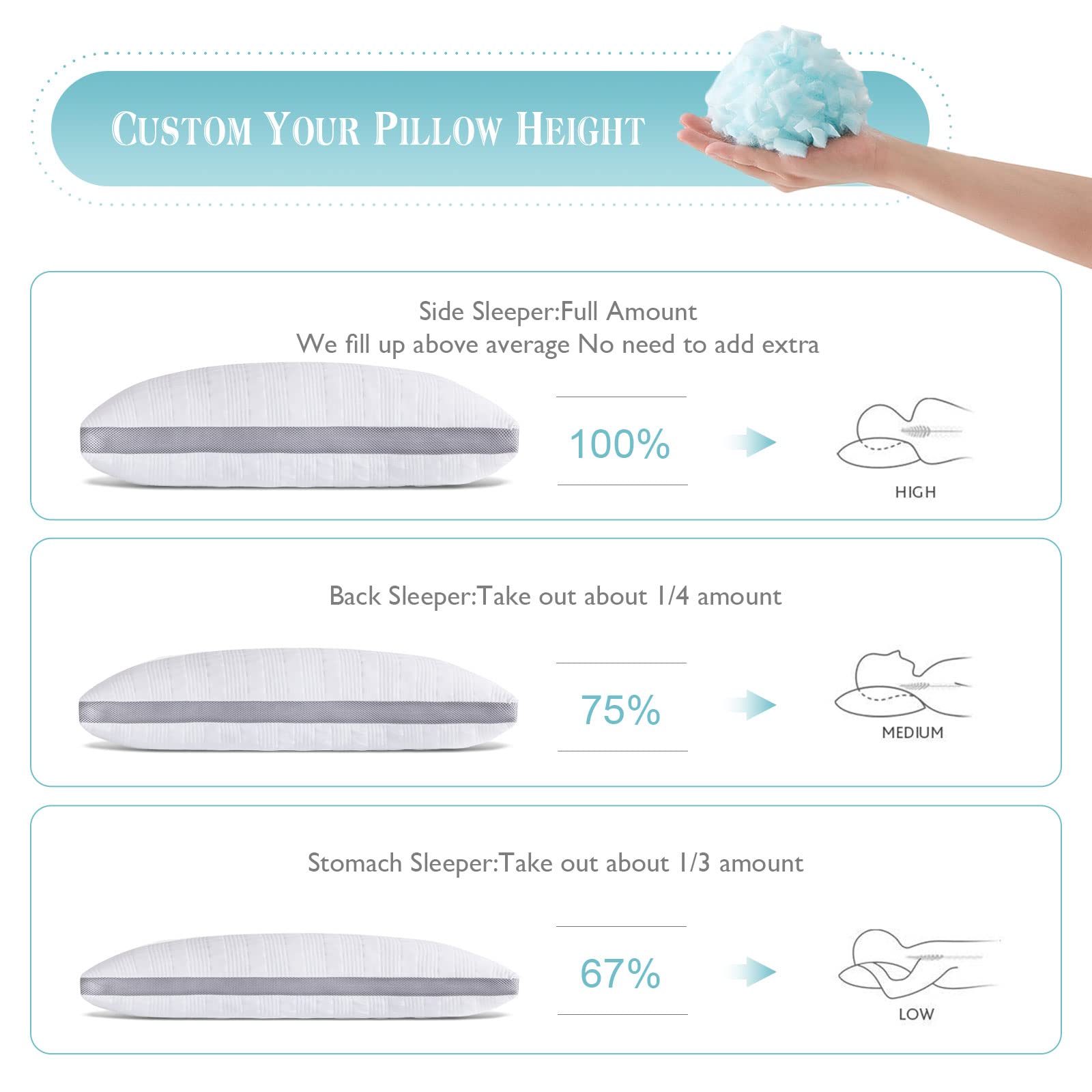 Meoflaw Cooling Pillows Queen Size,Shredded Memory Foam Bed Pillows For Sleeping, Supportive Queen Pillows For Back & Side Sleepers,Adjustable Pillows Queen Size With Washable Removable Cover