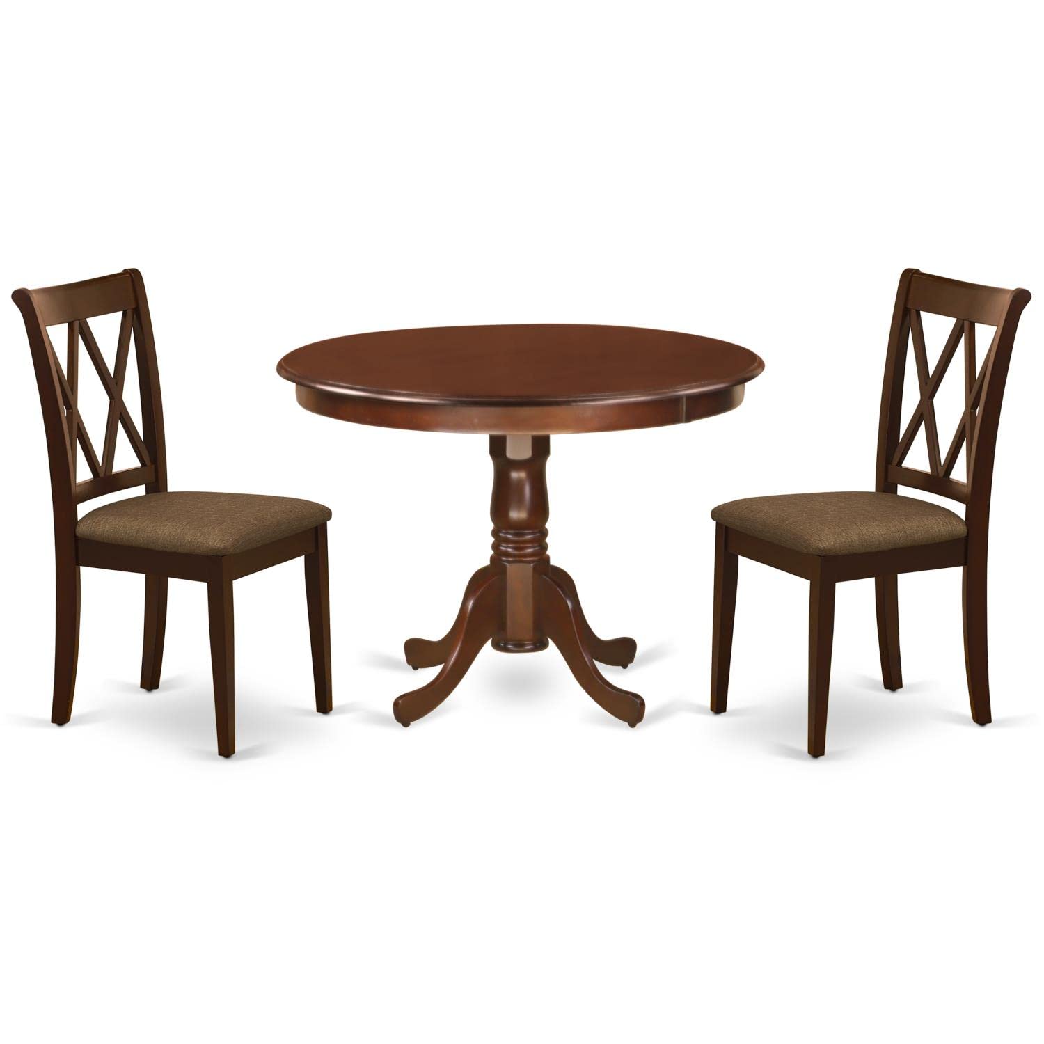 East West Furniture Hlcl3-Mah-C 3 Piece Dining Room Furniture Set Contains A Round Kitchen Table With Pedestal And 2 Linen Fabric Upholstered Dining Chairs, 42X42 Inch, Mahogany