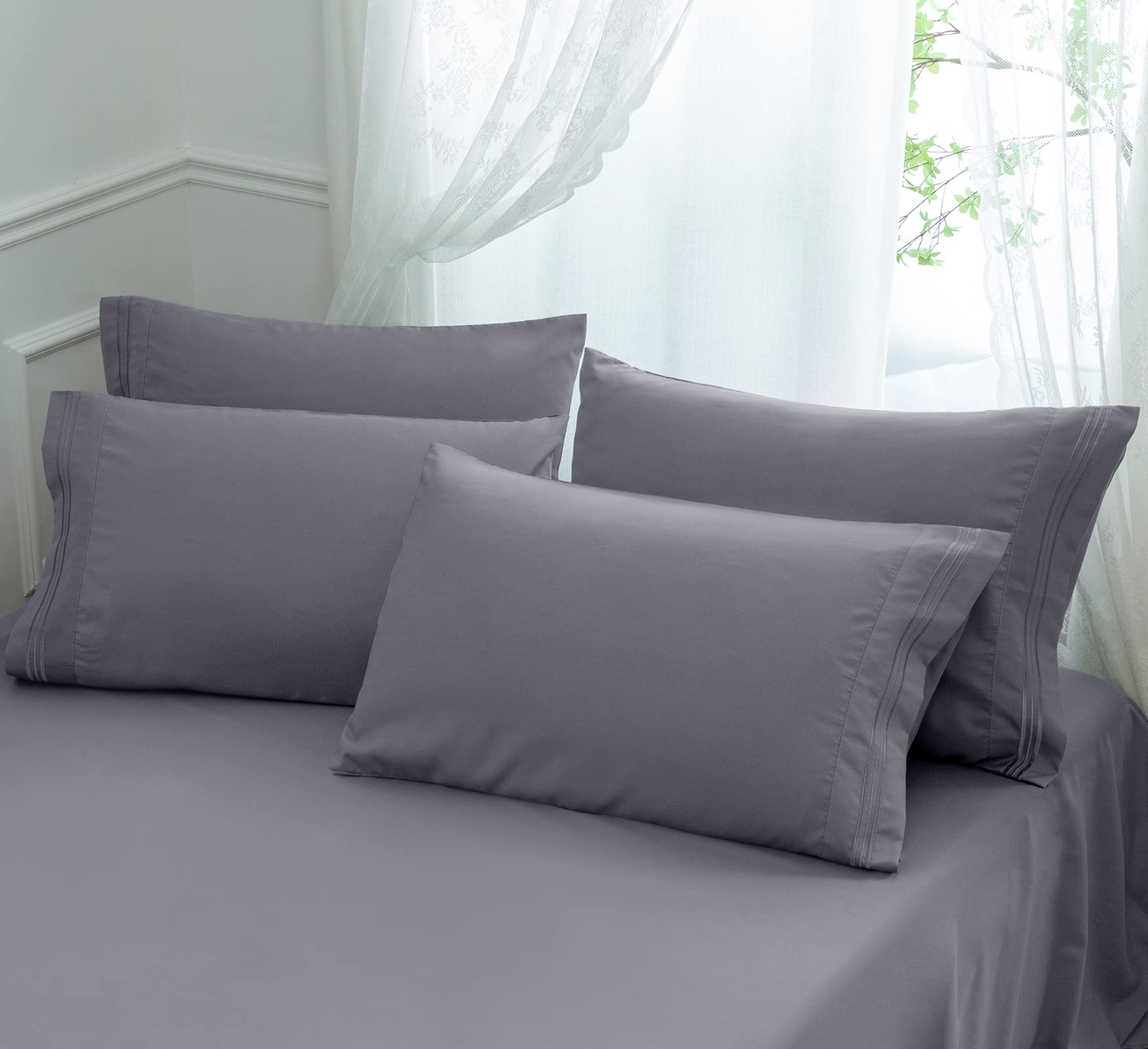 Aormenzy Microfiber Pillow Cases - King Size Set Of 4-1800 Thread Count Ultra Soft Grey Pillowcases - Wrinkle Resistant Pillow C