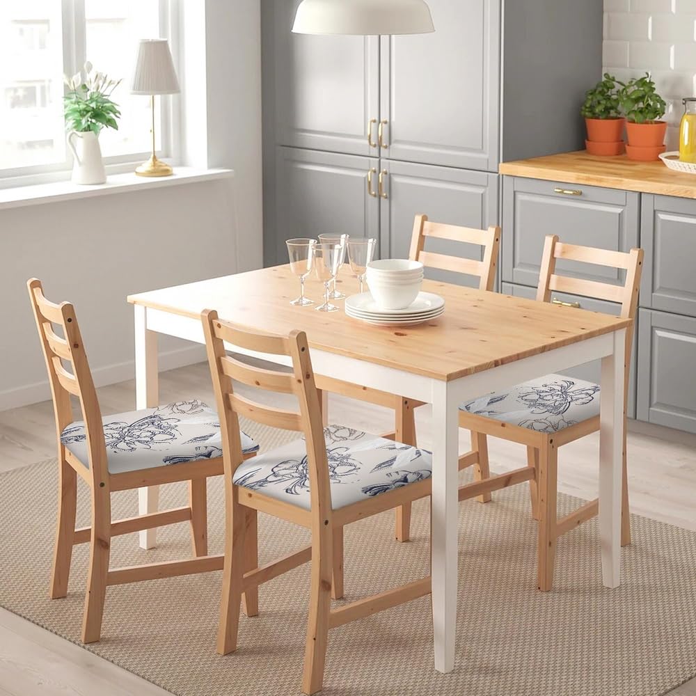 Searchi Waterproof Seat Covers For Dining Chairs, 4 Pack Stretch Dining Room Chair Seat Covers, Kitchen Chair Seat Covers Protectors(Beige And Blue Flower)
