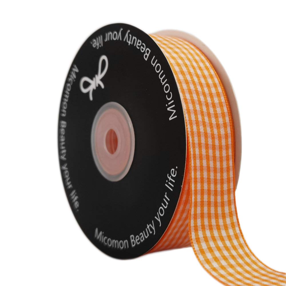 Micomon Orange Gingham Plaid Checked Ribbon 25 Yard Each Roll 100 Polyester (1, Orange)